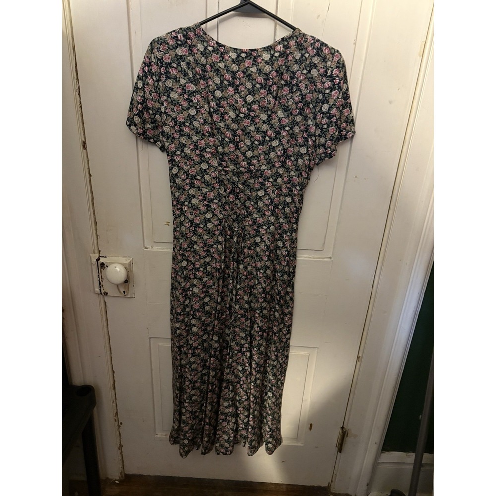 Vintage Decked Out Floral Midi Dress 3/4 Pearl Buttons Lace-Up Back 90s - Picture 3 of 7